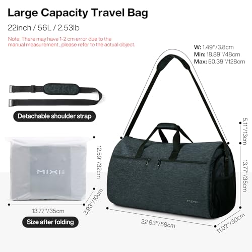 mixi 22 Inch Carry-On Bag for Men Women, 56L Foldable Water-Resistant Weekender Bag for Travel Gym Sports, Forest Black
