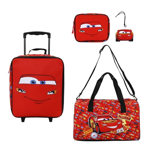 Bioworld Cars Lightning McQueen Kids' 4-Piece Travel Set With Suitcase, Duffle Bag, Toiletries Case, and Luggage Tag