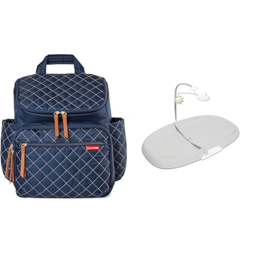 Skip Hop Diaper Bag Backpack: Forma, Multi-Function Baby Travel Bag with Changing Pad & Stroller Attachment, Navy & Baby Changing Pad, Nursery Style, Grey