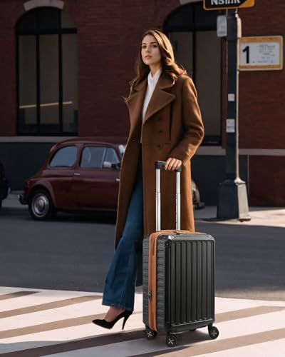 LUGGEX Carry On Luggage 22x14x9 Airline Approved, PC Expandable Hard Shell Suitcases with Spinner Wheels, 20 Inch, Brown Black