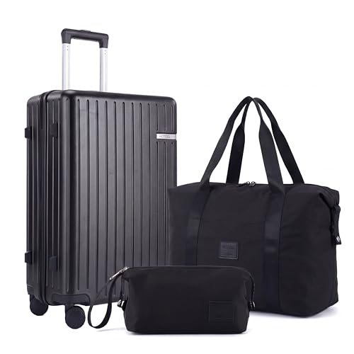 Hoteel Luggage Sets 3 Piece, 4-Yr Warranty, PC+ABS Suitcases with Wheels and Side Hook, Hardshell 20 inch Luggage with Duffel Bag Travel Bag, Black(20/DB/TB)