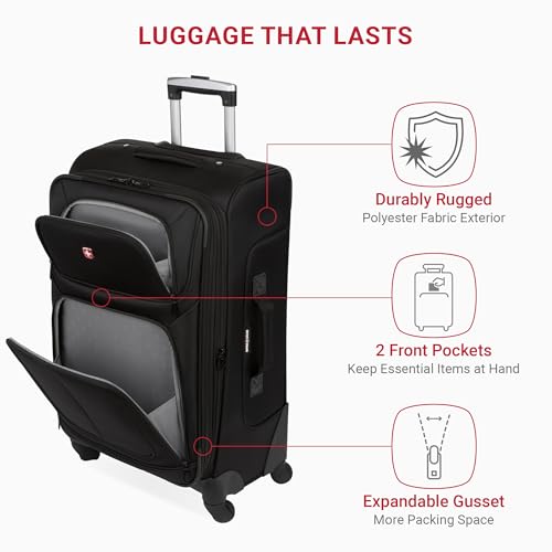 SWISSGEAR Sion Softside Expandable Spinner Luggage Durable Lightweight Travel Suitcase, Black, Checked-Medium