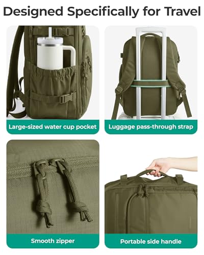 BAGSMART Travel Backpack for Women & Men 17.3 inch Laptop, Flight Approved Carry on Backpack with Shoe bag & 2 Packing Cubes, Water-Resistant Large Business Travel Bag, Weekender Bag - Olive green