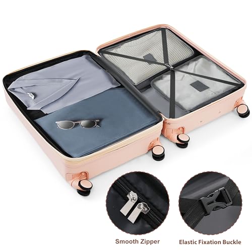 Merax 3 Piece Luggage Set with Cup Holder ABS Hardshell Lightweight Suitcase Sets Spinner Wheels Suitcase with TSA Lock, 20 Inch Airline Certified Carry-on Luggage, 20" 24" 28", Pink