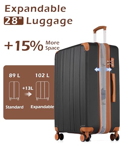 Coolife Luggage Expandable(only 28") Suitcase PC+ABS Spinner 20in 24in 28in Carry on (apricot black, L(28in))