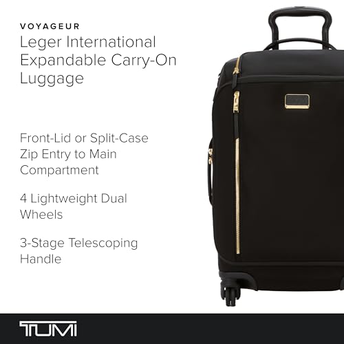 TUMI - Voyageur Leger 4 Wheeled Luggage - Women's Lightweight and Spacious, Sleek Silhouette, Durable Premium Suitcase - 21.8" International Expandable Carry-On, Black with Gold Hardware