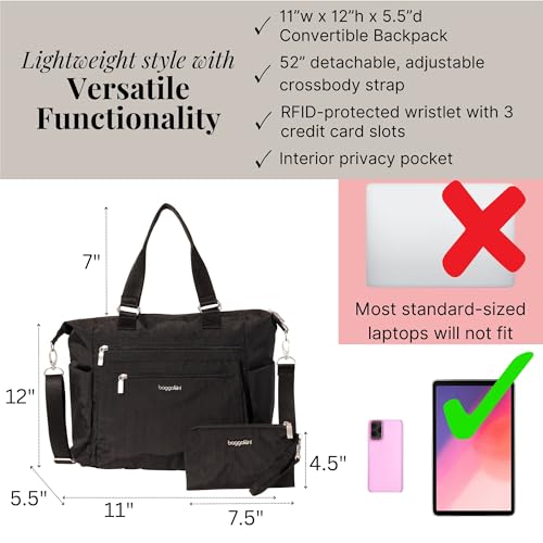 Baggallini Trifecta Convertible Backpack Crossbody Tote Bag - 11x12 Lightweight Travel Bag w/RFID Phone Wristlet