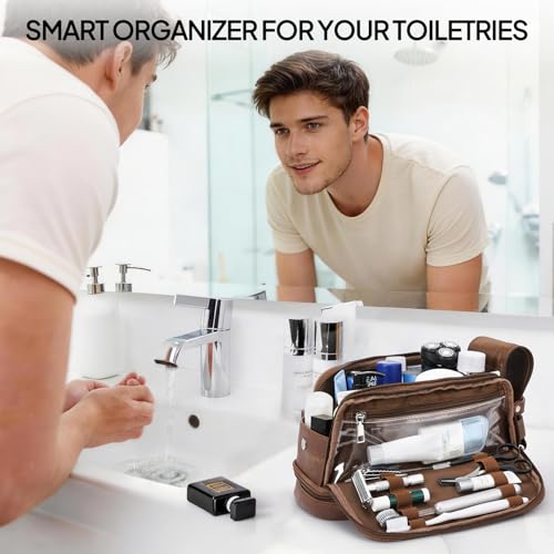 TOPEAST Toiletry Bag for Men, Large PU Leather Dopp Kit with Waterproof Wet Pocket, Double Layer Travel Toiletry Organizer with Brush Compartment, Shaving Bag with Handle, Brown