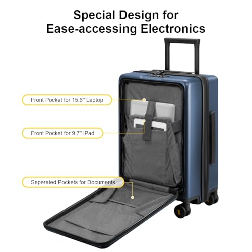 LEVEL8 Road Runner Carry On Luggage with Front Compartment, 20 Inch Lightweight Hard Shell Suitcases with Wheels Airline Approved, Tsa Locks for Luggage, Blue,21.46" x 14.57" x 9.45"