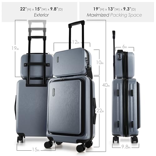 TRAVELARIM 20 Inch Carry On Luggage 22x14x9 Airline Approved, Carry On Suitcase with Wheels, Hard-shell Carry-on Luggage, Grey Small Suitcase, Hardside Luggage Carry On with Cosmetic Carry On Bag