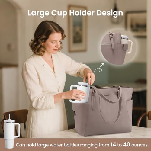 LOVEVOOK Laptop Tote Bag for Women With Large Cup Holder, Leather Work Tote Bag for Women,15.6 Inch Professional Computer Briefcase Business Teacher Commuter Shoulder Bag,Office Travel Gift