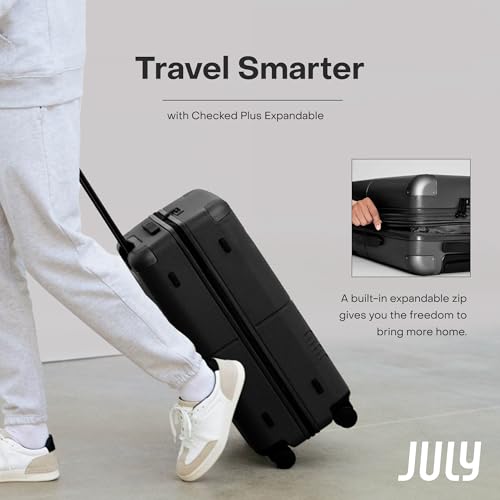 July Checked Plus Expandable - 28.75" Airline Approved Check In Luggage with Wheels, Rolling Suitcase for Men & Women - TSA Lock, Silent Spinner Wheels, Expansion Zip, Y-Strap - Charcoal