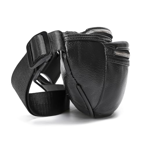 OrrinSports Black Leather Fanny Pack for Men & Women, Fashionable Multi-Pockets Waist Belt Bag for Travel Sports Hiking Cycling Fishing Running