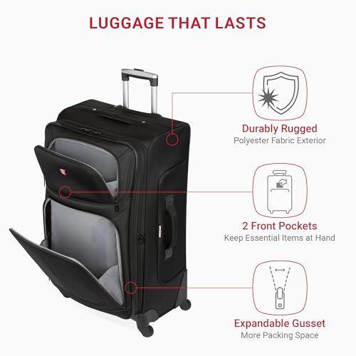 SWISSGEAR Sion Softside Expandable Spinner Luggage Durable Lightweight Travel Suitcase, Black, Checked-Large