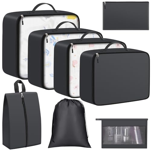 8 Set Packing Cubes for Travel Essentials, Packing Bags, Carrry-On Travel Accessories, Suitcase Organizers with Sturdy Zippers, Luggage Organizer for Airplane, Camping, Road Trip (Grey)