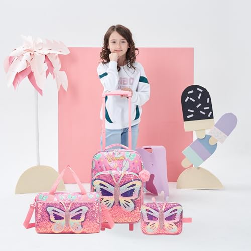 Homskiii Kids Pink Butterfly Luggage with Wheels Suitcases Travel Softside Suitcases 16" Carry on Suitcase with Duffle Bag Luggage Sets Airline Approved