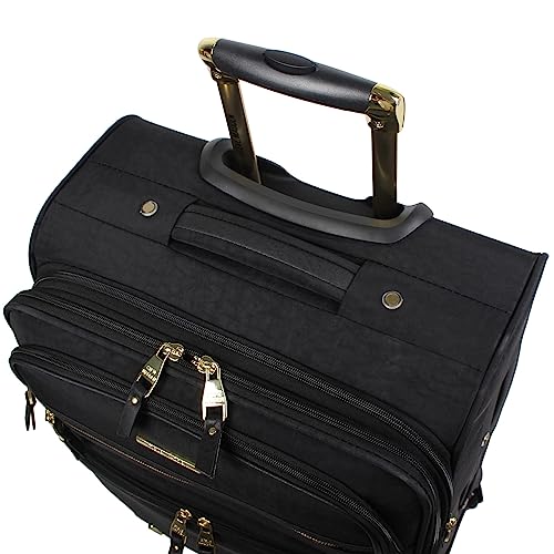 Steve Madden Designer Luggage Collection - Lightweight 24 Inch Expandable Softside Suitcase - Mid-size Rolling 4-Spinner Wheels Checked Bag (Black, 24in)