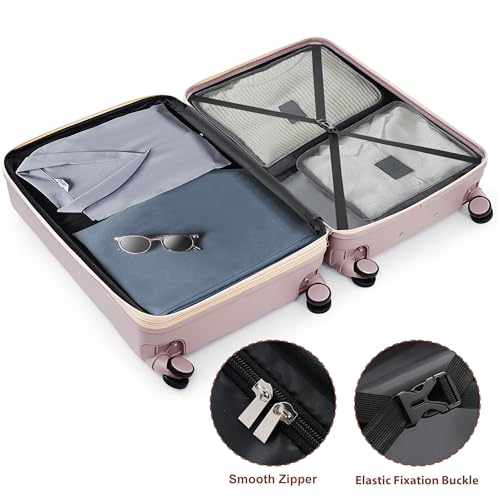 MoBtovs 3 Piece Luggage Set, ABS Hardside Suitcase Set (20/24/28) with Cup Holder and Spinner Wheels, Hook Up, Multiple Color Options, Suitable for Long-Term Travel, Rosy Brown