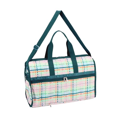 LeSportsac Mason Madras Deluxe Large Weekender Crossbody Bag, Style 4319/Color E875, Festive Tropical Hues, Modern & Fun Interpretative Plaid Design, Lively Weave Design, Chevron Background