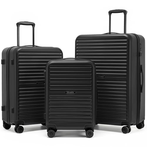 LONG VACATION Luggage Sets, PC Lightweight Suitcase with Spinner wheels, 3 Piece Luggage Set with TSA Lock, Hard shell Suitcase Set, Checked Travel Suitcase (Black, 3 Piece Set)