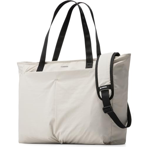 LUGGEX Laptop Tote Bag, LTX04 20L Lightweight Work Tote for 13-15.6 Inch Laptop, Water-Resistant Nylon Computer Shoulder Bag with Padded Sleeve, Bottle Holders & Luggage Strap (LTX04, Beige)