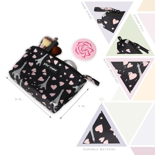 Betsey Johnson 8.5 Inch Zipper Cosmetic Pouch Small Toiletry Bag Lightweight Durable Polyester Organizer with Inner Zipped Pocket Good For Makeup Accessories and Travel Needs (Paris Love)