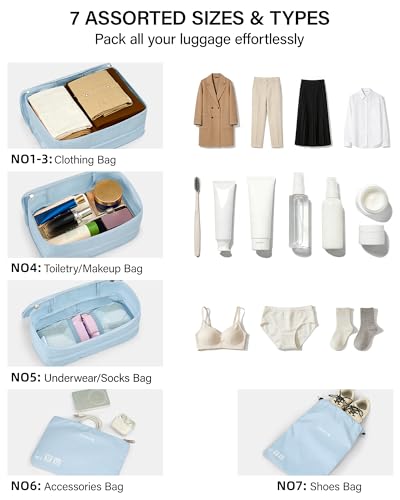 Hanke 7 Piece Expandable Compression Packing Cubes, Premium Travel Packing Organizers for Suitcases/Carry On, Luggage Organizer Bags with Breathable Mesh & Label,Light Blue