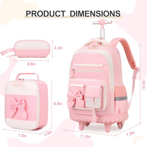 DIGOBAY Rolling Backpack for Girls, Cute Roller School Bag with Wheels, Kids Wheeled Backpacks Set with Lunch Bag Pencil Case for Teen Girls Kindergarten Elementary Middle School