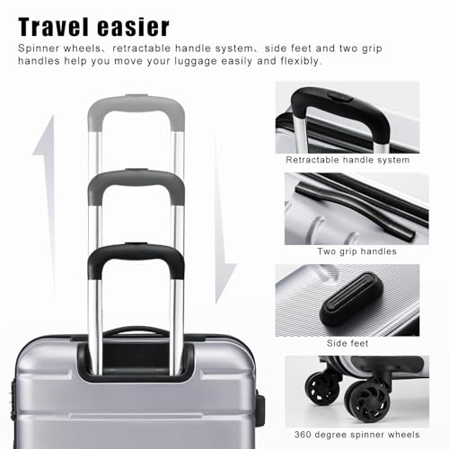Coolife Luggage 3 Piece Set Suitcase Spinner ABS+PC Hardshell Lightweight TSA Lock USB Port, 20in 24in 28in Carry on Expandable (only 28’’), Silver