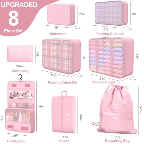 8 Set Packing Cubes for Travel,Suitcase Organizer Bags for Luggage with Shoe & Hanging Toiletry Bag, Vacation Essentials & Accessories for Cruise Ship, Airplane Must-Have,Road Trip & Camp Gifts(Pink)