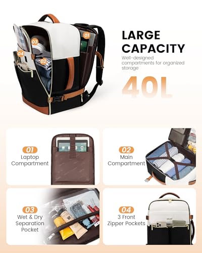 LOVEVOOK Travel Backpack for Women, TSA Carry On Backpack Flight Approved Luggage, 40L Water Resistant Personal Item Daypack Large Weekender Bag fit 17 inch Laptop with 3 Cubes, Beige-black-brown