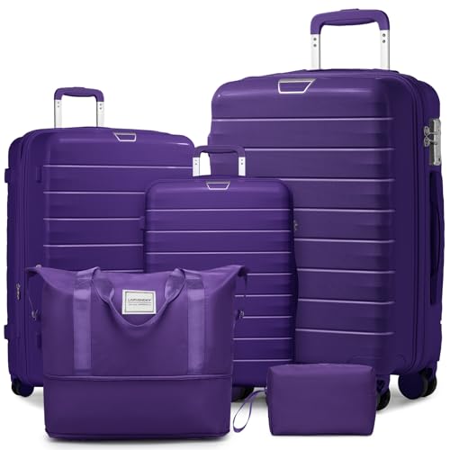 LARVENDER Luggage Sets 5 Piece with Duffel Bag Expandable(Only 28 inch) Hardside PP Carry On Luggage with 360° Spinner Wheels TSA Lock Luggage Sets for Women, Grape Purple