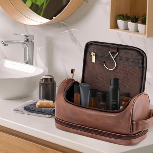 Aganmi Personalized Christmas Birthday Gifts Toiletry Bag for Men Dad Husband, Custom Initial PU Leather Waterproof Toiletry Organizer Dopp Kit Shaving Bag Travel Essential for Men, Reddish Brown J