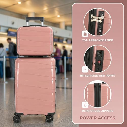 AGVOTK 20" Carry On Luaggage set, 2 Piece Spinner Suitcase Set with USB & Cupholder, Airline Compatible (Rose Pink)