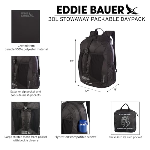 Eddie Bauer Stowaway Packable Backpack | Travel | Outdoor | Lightweight | Foldable | Durable | Ripstop Polyester | 30L - Dark Smoke
