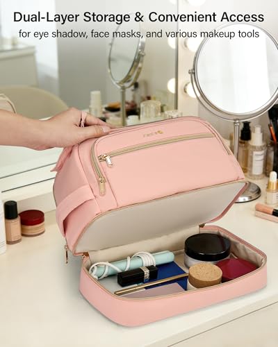 Hanke Travel Toiletry Bag, Lightweight Wide-open Makeup Bag, Dual-Layer Travel Bag for Toiletries Water-Resistant Cosmetic Bags Large Toiletry Bags for Women & Men, Travel Essentials, Pink