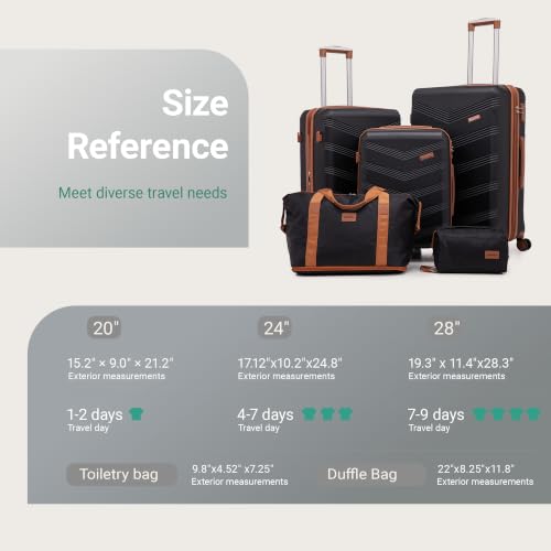 CONCEPTEN Expandable Hardshell Luggage Set 5 Piece, 22x14x9 Airline Approved Carry On, 20/24/28" Suitcase Set with TSA Lock, Spinner Wheels, ABS+PC (Black)
