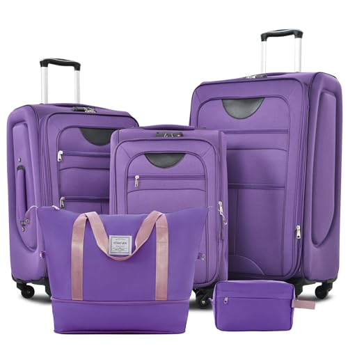 Merax Softside Luggage Set 3 Piece Suitcase with Duffel Bag Spinner Wheels Lightweight Expandable Travel Luggage 22" 26" 30",Purple