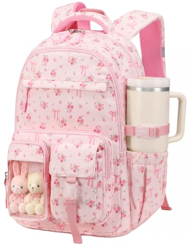 BTOOP Multi-Compartment Kids Backpack for Girls, Cute Pink Bow School Backpack with Chest Strap, Side Pocket Fits 40 oz Tumbler, Luggage Strap, Girls Bookbag for Elementary Middle School