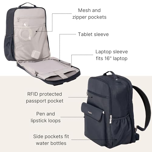 Baggallini Everyday Laptop Backpack - 11x15.5 Lightweight Water-Repellent Nylon Travel Bag w/Padded Laptop Sleeve & RFID