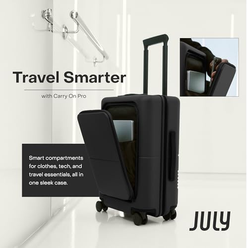 July Carry On Pro - 20" Hardshell with Front Pocket, Airline Approved Carry On Luggage with Wheels, TSA Lock Rolling Suitcase, Silent Spinner Wheels, USB Ports & Ejectable Battery - Charcoal