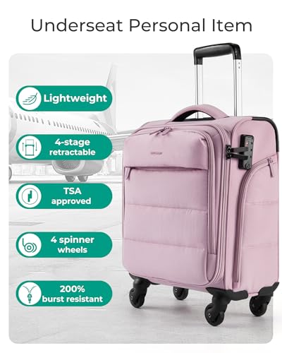BAGSMART Underseat Carry on Luggage with Wheels, Soft Underseat Travel Luggage with PVC Wet/Dry Pockets, Lightweight Soft Personal Item Suitcase for Short Trip, Pinkish Purple