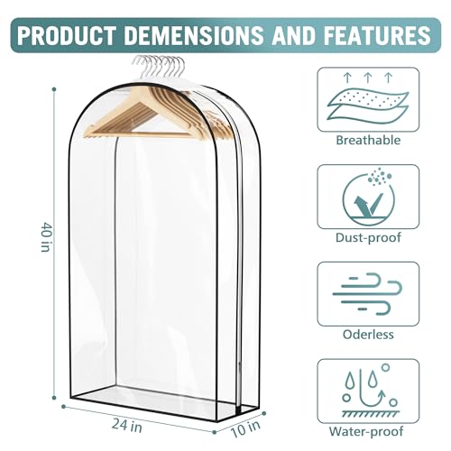 Liuoud Clear Garment Bags for Hanging Clothes 10” Gusseted, Suit Bags for Closet Storage, Hanging Plastic Clothes Cover for Coat, Dress, Fur, Shirt, 4 Pack, 40” Long
