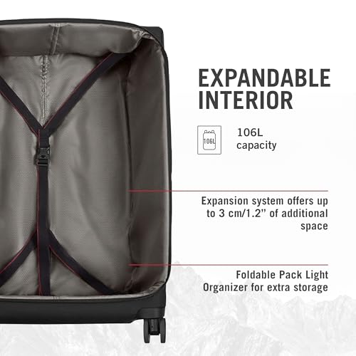 Victorinox Crosslight Large Softside Case - Large Travel Luggage with Spinner Wheels - Premium Traveling Essentials - Includes Foldable Pack Light Organizer - 106 Liter, Black