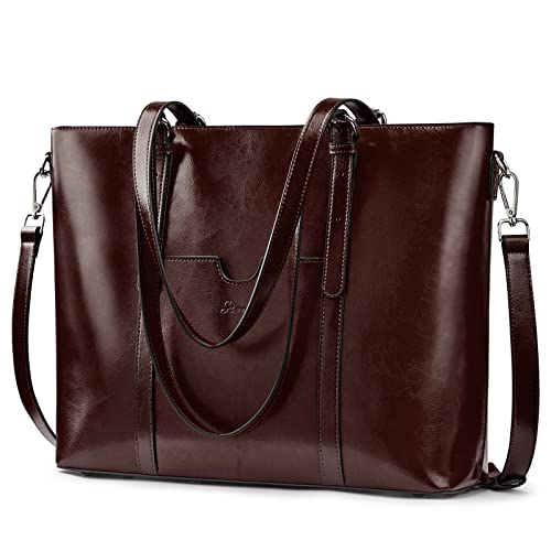 S-ZONE Women Cow Split Leather Laptop Tote Bag Shoulder Handbags 15.6 Inch Purse, Coffee, L, Retro