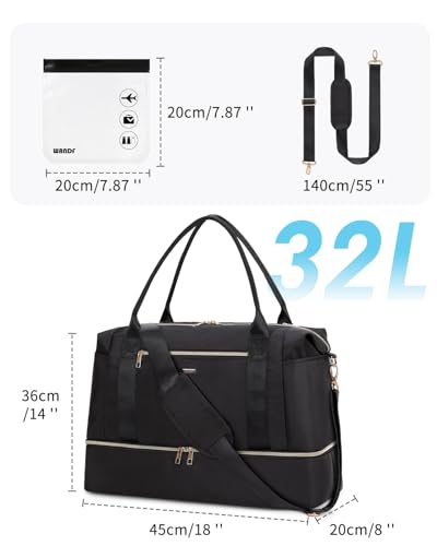 WANDF For Spirit Airlines Personal Item Bag 18x14x8 Underseat with Wet Pocket & Shoe Compartment & Tsa Approved Toiletry Bag Travel Duffle Carry On Overnight Weekender Tote(Black)