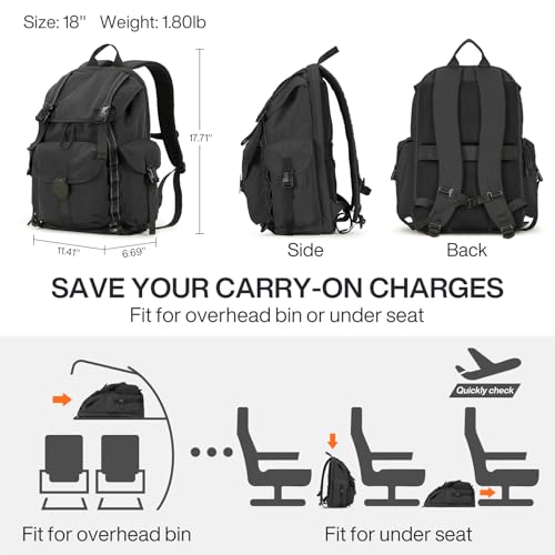 mixi Travel Backpack for Women Men, 18 Inch Carry On Laptop Backpack Flight Approved fits 16'' Laptop, Lightweight Waterproof Hiking Backpack Travel Outdoor Business Casual Daypack, Black