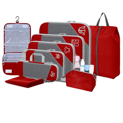 BTBAG 9-Set Packing Cubes with Hanging Bag | 9-Size Combination, Mesh Fabric & Reflective Stripe | Travel Luggage Organizers (Red)