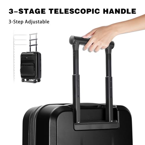Pirtecin Luggage Sets 2 Piece, Carry On Luggage with Front Pocket & USB Port and 28 Inch Expandable Checked Luggage, Hybrid Soft Front & Hard Shell Suitcases with Spinner Wheels & TSA Lock, Black