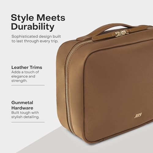 July Hanging Toiletry Bag with Hidden Hook, Clear & Leak-Resistant PVC Pocket, Toothbrush Tab, Water-Resistant Nylon and Leather Trims - Travel Essentials Bag, Bathroom Travel Organizer - Light Brown